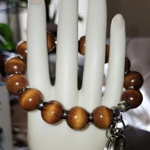 Artisanal  Wooden Tiger Eye Bead Keychain Bracelet/wristlet